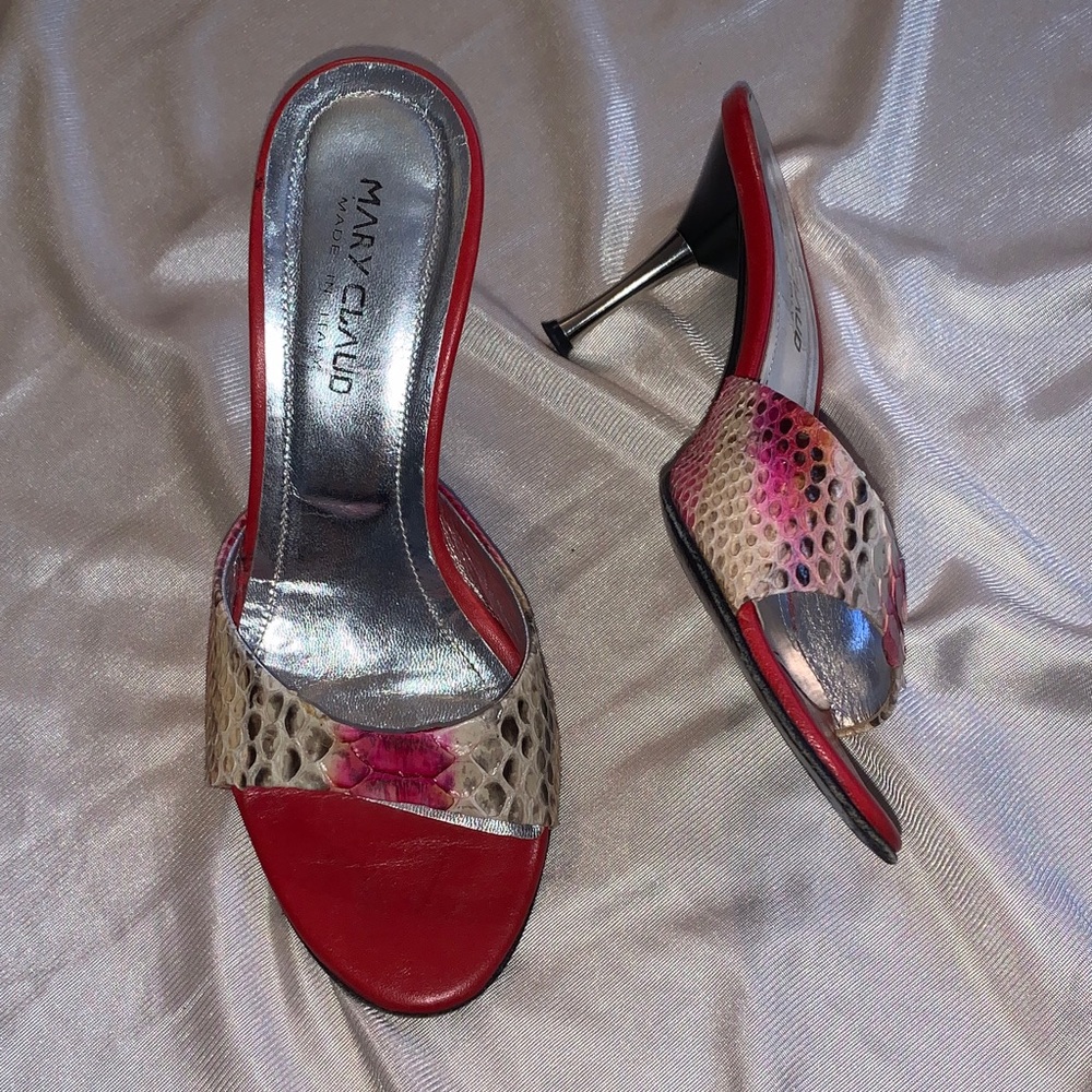 Mary Claud Red and Silver Snakeskin Stiletto Mules Size 35.5 / Size 5.5
